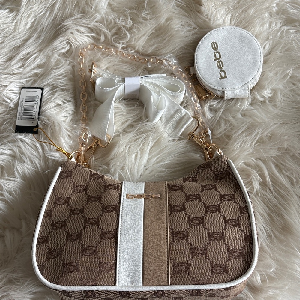 Bebe Tan and White Shoulder Bag with Coin Pouch